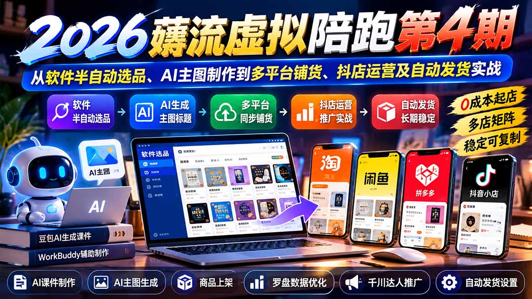 (20986期)2026薅流虚拟陪跑第4期:从软件半自动选品、AI主图制作到多平台铺货、抖店运营及自动发货实战-悟空知识星球