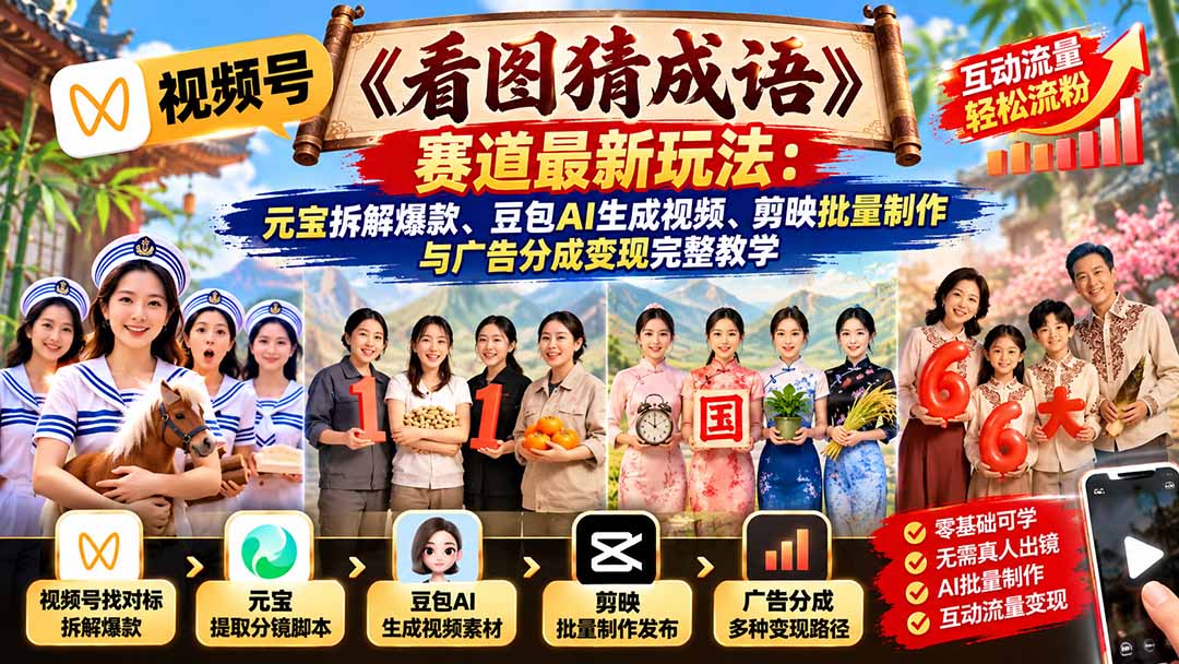 (21060期)视频号《看图猜成语》赛道最新玩法:元宝拆解爆款、豆包AI生成视频、剪映批量制作与广告分成变现完整教学-悟空知识星球