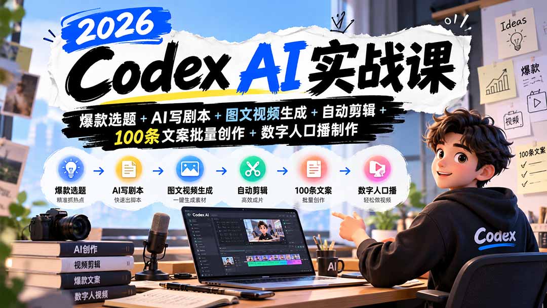 （20899期）2026Codex AI实战课：爆款选题+AI写剧本+图文视频生成+自动剪辑+100条文案批量创作+数字人口播制作-悟空知识星球