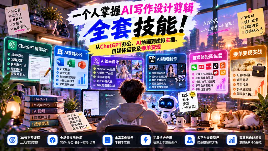（21029期）一个人掌握AI写作设计剪辑全套技能：从ChatGPT办公、AI绘画到虚拟主播、自媒体运营及接单变现-悟空知识星球