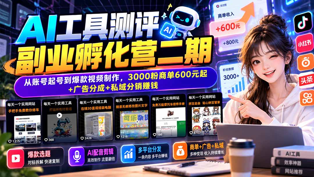 (20799期)AI工具测评副业孵化营二期:从账号起号到爆款视频制作,3000粉商单600元起+广告分成+私域分销赚钱-悟空知识星球