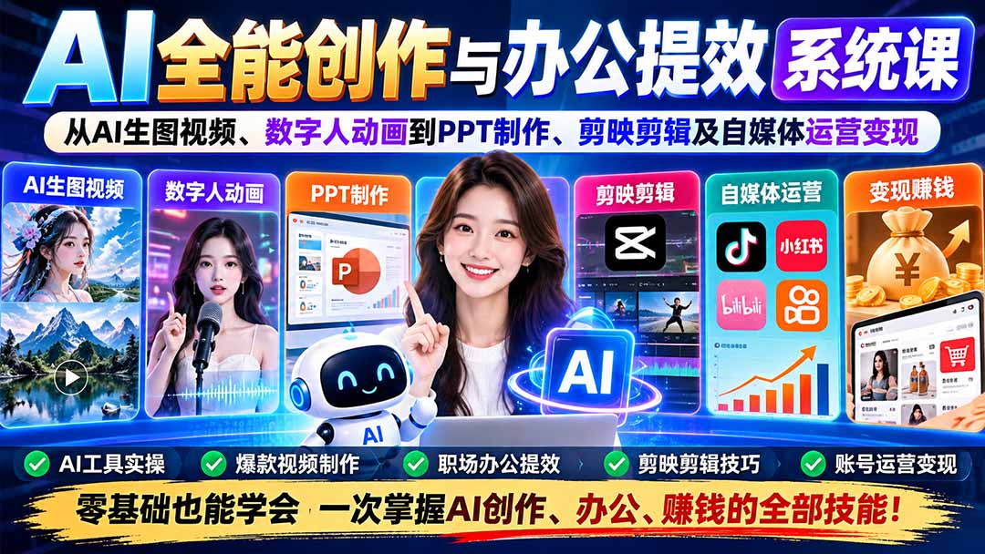 (20885期)AI全能创作与办公提效系统课:从AI生图视频、数字人动画到PPT制作、剪映剪辑及自媒体运营变现-悟空知识星球