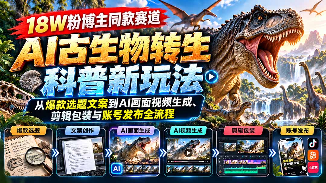 (20833期)18W粉博主同款赛道-AI古生物转生科普新玩法:从爆款选题文案到AI画面视频生成、剪辑包装与账号发布全流程-悟空知识星球