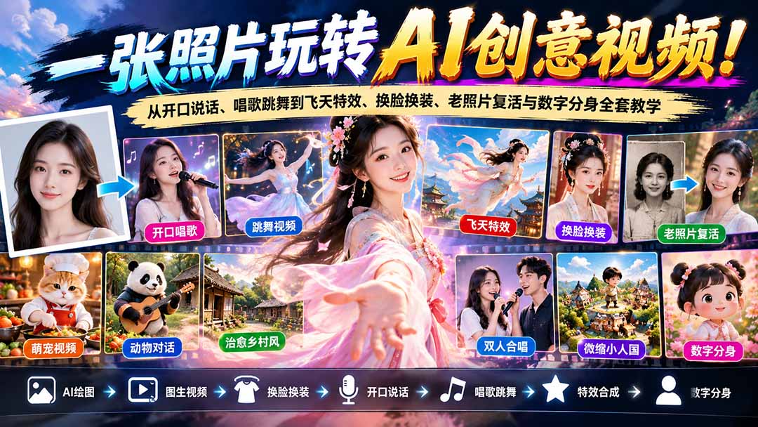 （21202期）一张照片玩转AI创意视频！从开口说话、唱歌跳舞到飞天特效、换脸换装、老照片复活与数字分身全套教学-悟空知识星球