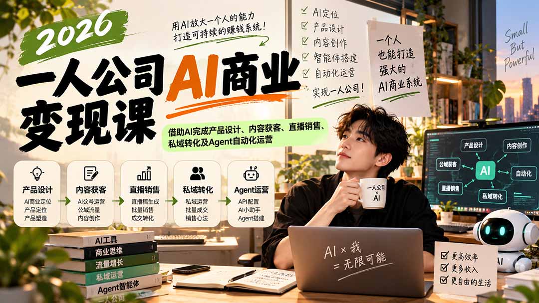 (20901期)2026一人公司AI商业变现课:借助AI完成产品设计、内容获客、直播销售、私域转化及Agent自动化运营-悟空知识星球