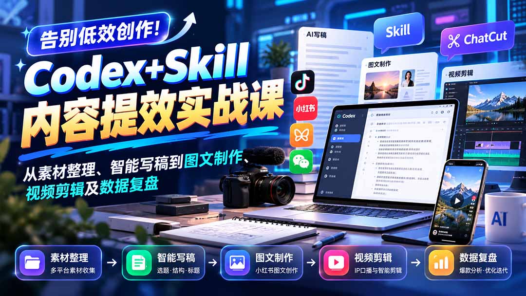 (20915期)【无水印】告别低效创作!Codex+Skill内容提效实战课:从素材整理、智能写稿到图文制作、视频剪辑及数据复盘-悟空知识星球