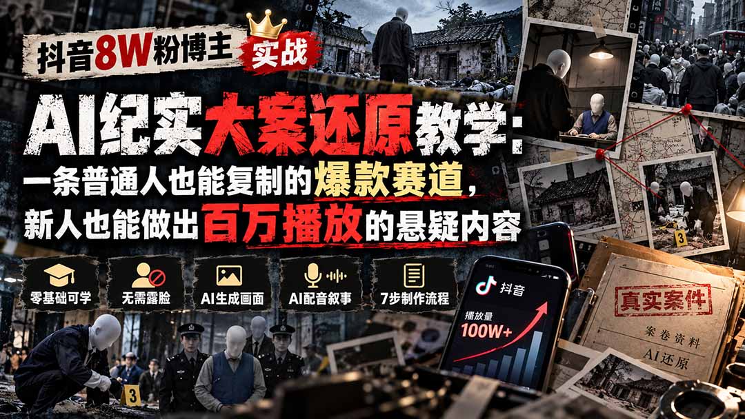 (20865期)抖音8W粉博主AI纪实大案还原教学:一条普通人也能复制的爆款赛道,新人也能做出百万播放的悬疑内容-悟空知识星球
