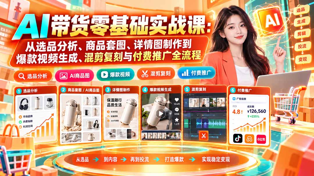 (20856期)AI带货零基础实战课:从选品分析、商品套图、详情图制作到爆款视频生成、混剪复刻与付费推广全流程-悟空知识星球