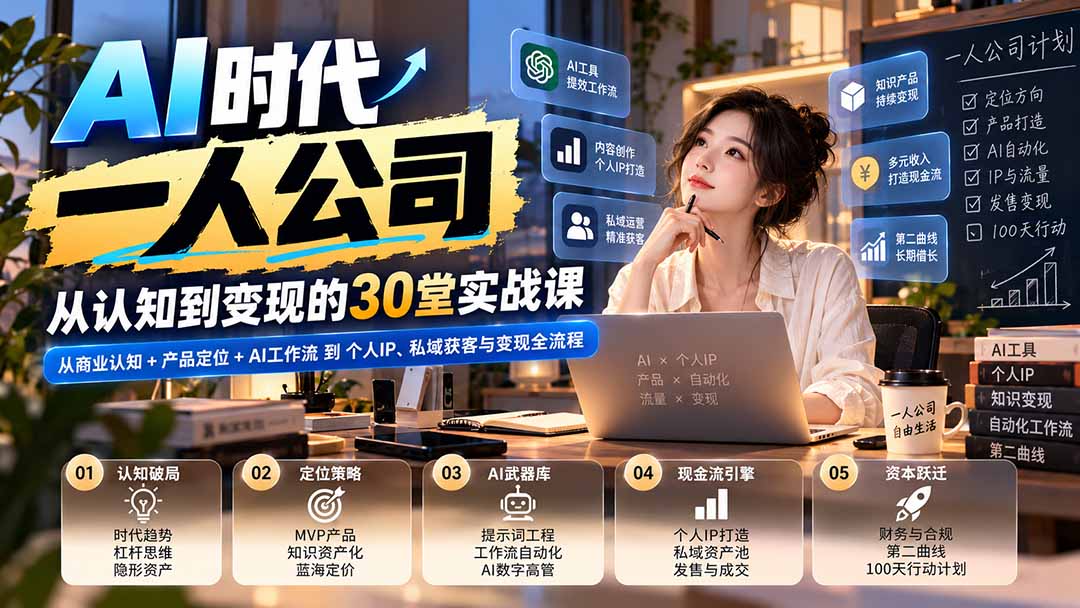 (20847期)【无水印】AI时代一人公司30堂实战课:从商业认知+产品定位+AI工作流到个人IP、私域获客与变现全流程-悟空知识星球
