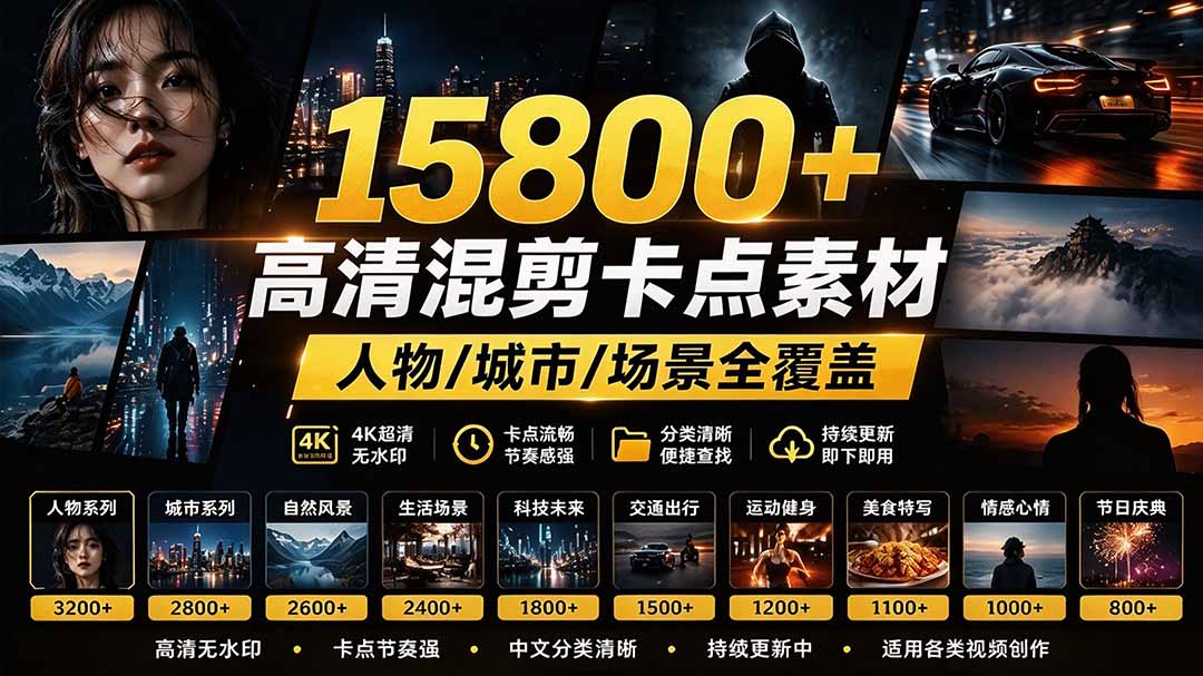 （21008期）【影视剪辑素材合集】15800+高清混剪卡点｜热门影视精彩片段｜人物/城市/场景全覆盖，中文分类清晰-悟空知识星球