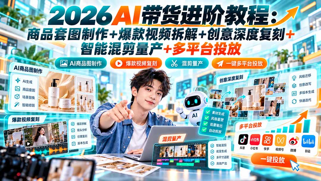 (20857期)2026AI带货进阶教程:商品套图制作+爆款视频拆解+创意深度复刻+智能混剪量产+多平台投放-悟空知识星球