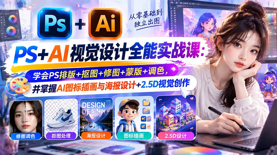 (20749期)【无水印】PS+AI视觉设计全能实战课:学会PS排版+抠图+修图+蒙版+调色,并掌握AI图标插画与海报设计+2.5D视觉创作-悟空知识星球