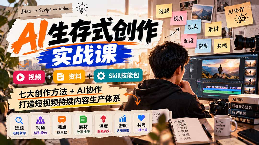 (21081期)AI生存式创作实战课:视频+资料+Skill技能包,七大创作方法+AI协作,打造短视频持续内容生产体系-悟空知识星球