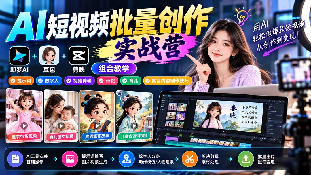 （21039期）【无水印】AI短视频批量创作实战营：即梦+豆包+剪映组合教学，提示词/数字人/视频剪辑/带货/育儿/寓言内容制作技巧-悟空知识星球