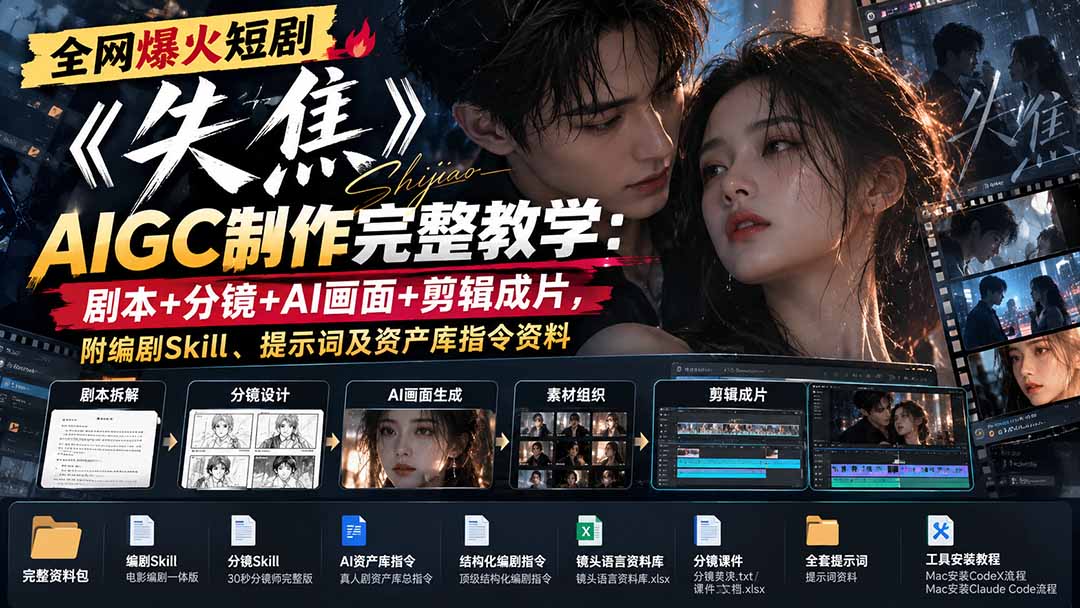 (20805期)全网爆火短剧《失焦》AIGC制作完整教学:剧本+分镜+AI画面+剪辑成片,附编剧Skill、提示词及资产库指令资料-悟空知识星球
