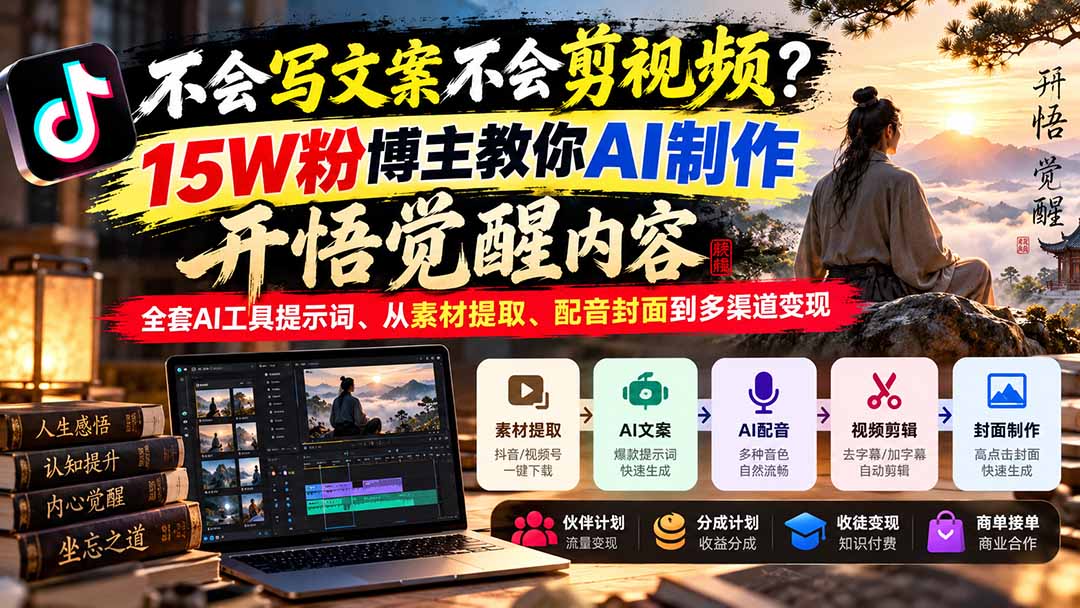（21085期）不会写文案不会剪视频？15W粉博主教你AI制作开悟觉醒内容，全套AI工具提示词、从素材提取、配音封面到多渠道变现-悟空知识星球