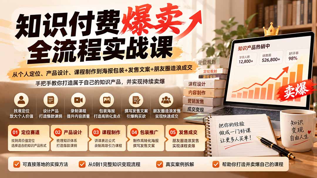 (20787期)【无水印】知识付费爆卖全流程实战课:从个人定位、产品设计、课程制作到海报包装+发售文案+朋友圈造浪成交-悟空知识星球