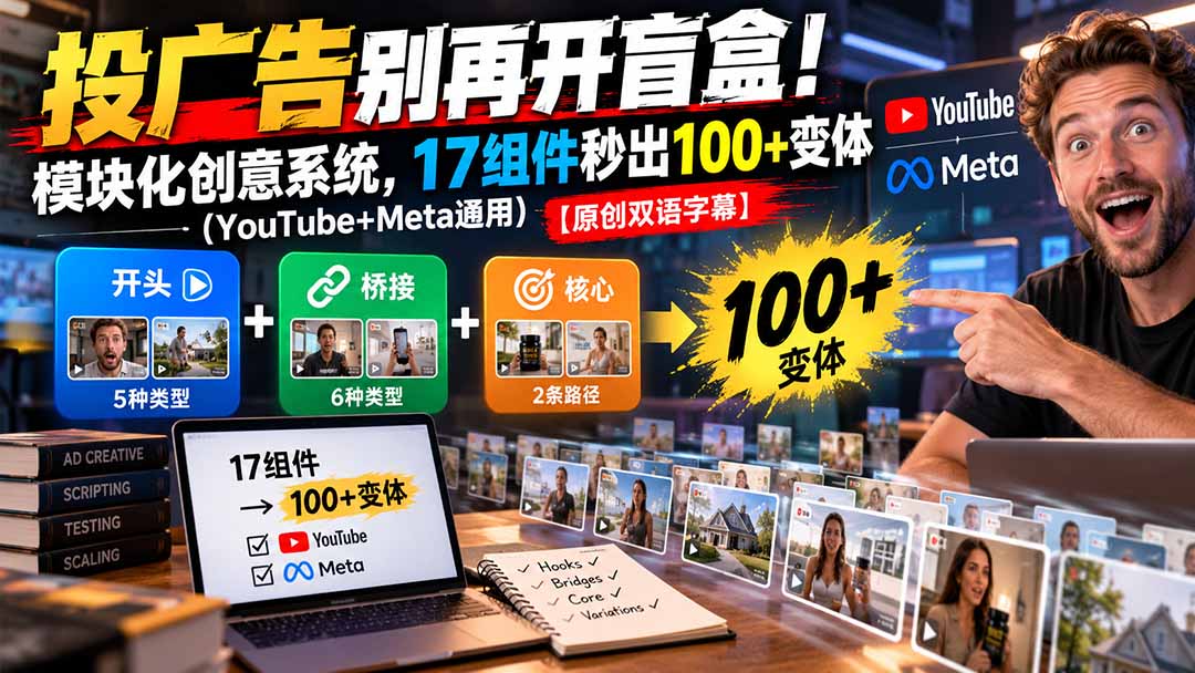 （20840期）投广告别再开盲盒！模块化创意系统，17组件秒出100+变体（YouTube+Meta通用）【原创双语字幕】-悟空知识星球