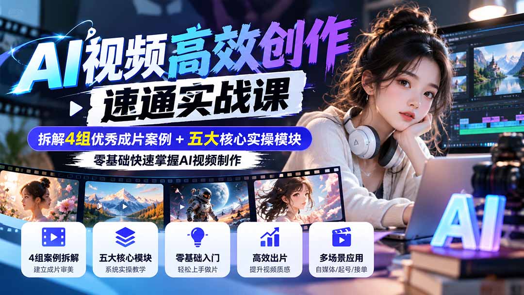 (20819期)【无水印】AI视频高效创作速通实战课:拆解4组优秀成片案例+五大核心实操模块,零基础快速掌握AI视频制作-悟空知识星球