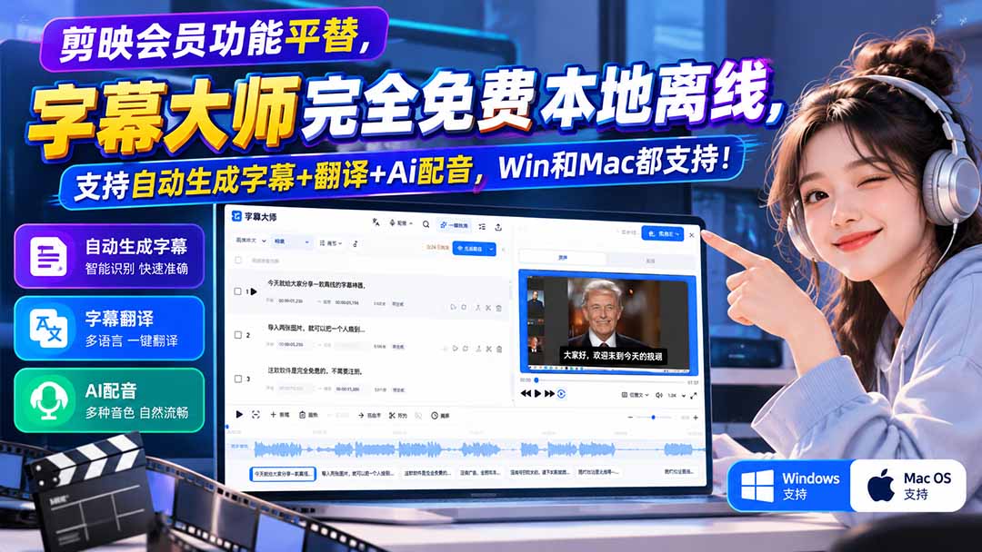 （20902期）剪映会员功能平替，字幕大师完全免费本地离线，支持自动生成字幕+翻译+Ai配音，Win和Mac都支持！-悟空知识星球