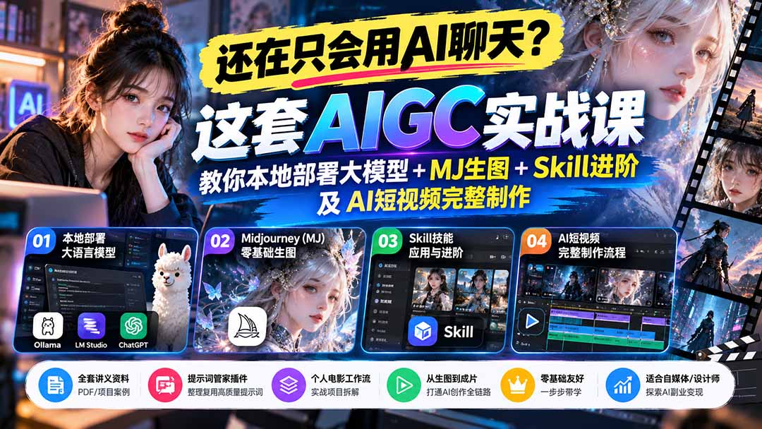 （21135期）【无水印】还在只会用AI聊天？这套AIGC实战课教你本地部署大模型+MJ生图+Skill进阶及AI短视频完整制作-悟空知识星球