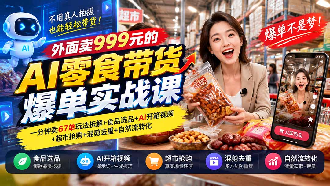 (20994期)外面卖999元的AI零食带货爆单实战课|一分钟卖67单玩法拆解+食品选品+AI开箱视频+超市抢购+混剪去重+自然流转化-悟空知识星球