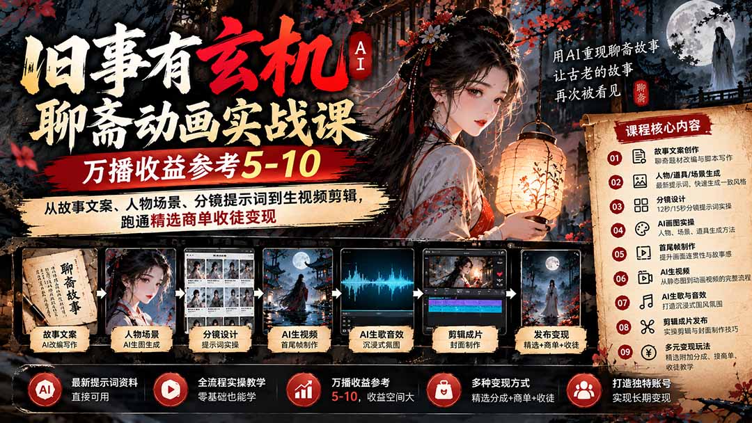 (20789期)旧事有玄机AI聊斋动画实战9月新课:万播收益参考5-10,从故事文案、人物场景到分镜生视频,跑通精选商单收徒-悟空知识星球