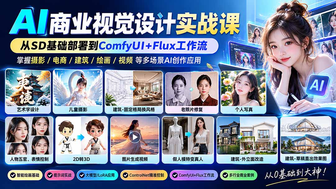 （20824期）【无水印】AI商业视觉设计实战课：从SD基础部署到ComfyUI+Flux工作流，掌握摄影电商建筑AI创作-悟空知识星球