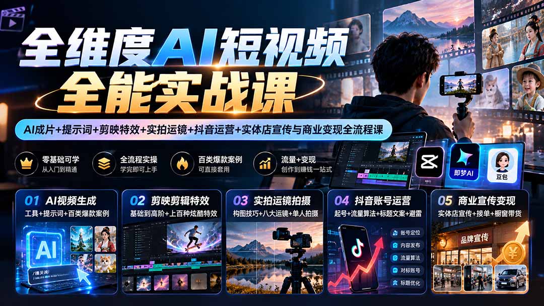 (20768期)【无水印】全维度AI短视频全能实战课:AI成片+提示词+剪映特效+实拍运镜+抖音运营+实体店宣传与商业变现全流程课-悟空知识星球