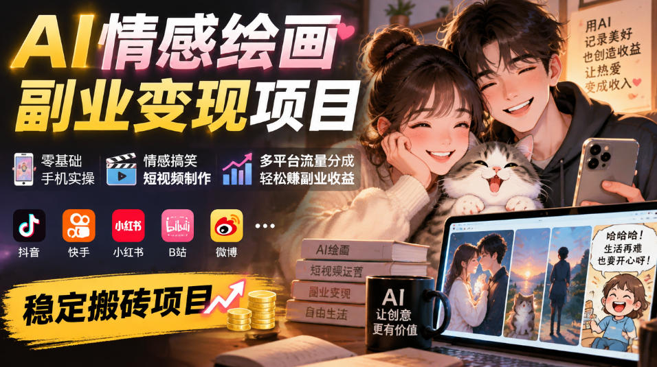 AI情感绘画副业变现项目|零基础手机实操,情感搞笑短视频制作,多平台流量分成轻松賺副业收益-悟空知识星球
