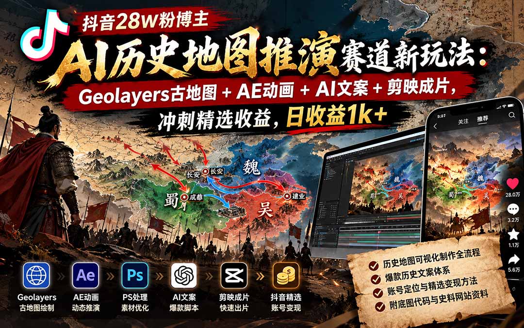 (20809期)抖音28W粉博主AI历史地图推演赛道新玩法:Geolayers古地图+AE动画+AI文案+剪映成片,冲刺精选收益,日收益1k+-悟空知识星球