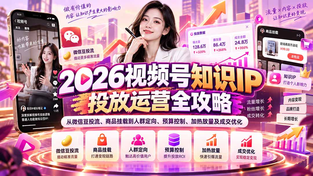 (20860期)2026视频号知识IP投放运营全攻略:从微信豆投流、商品挂载到人群定向、预算控制、加热放量及成交优化-悟空知识星球