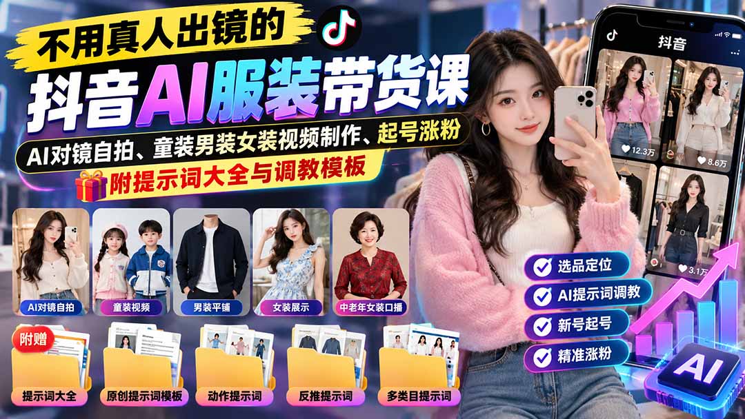 (20960期)不用真人出镜的抖音AI服装带货课:AI对镜自拍、童装男装女装视频制作、起号涨粉,附提示词大全与调教模板-悟空知识星球