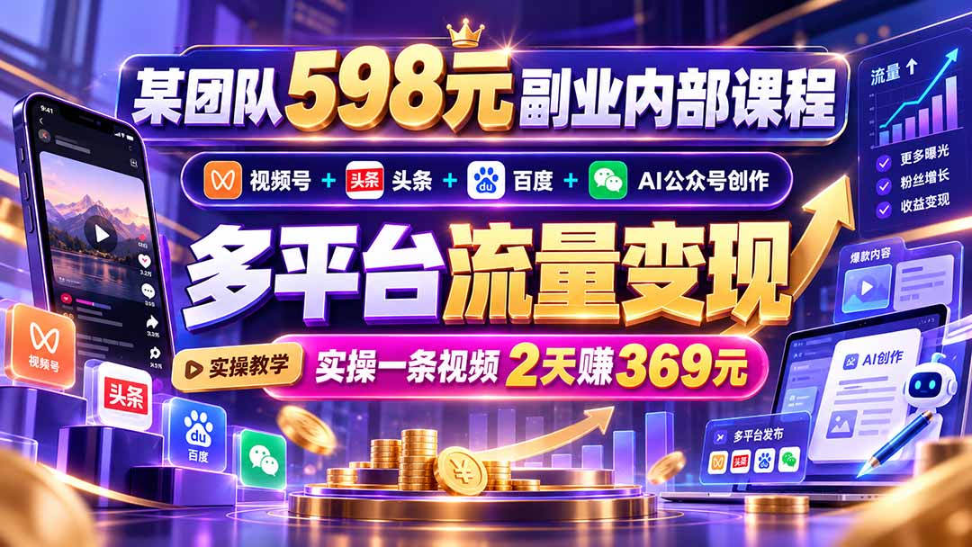 (21238期)某团队598元副业内部课程:视频号+头条+百度+AI公众号创作、多平台流量变现,实操一条视频2天赚369元-悟空知识星球