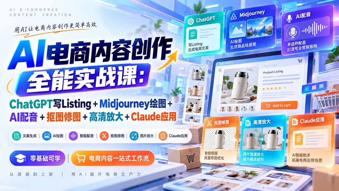 （20770期）【无水印】AI电商内容创作全能实战课：ChatGPT写Listing+Midjourney绘图+AI配音+抠图修图+高清放大+Claude应用-悟空知识星球