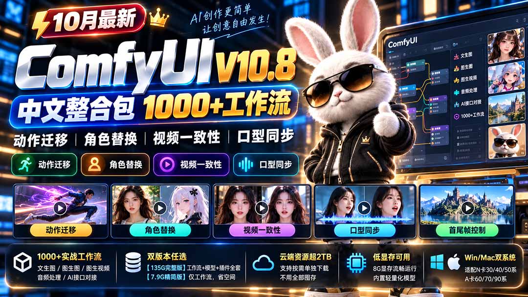 (21240期)10月最新ComfyUI V10.8中文整合包 1000+工作流 动作迁移 角色替换 视频一致性 口型同步 低显存可用-悟空知识星球
