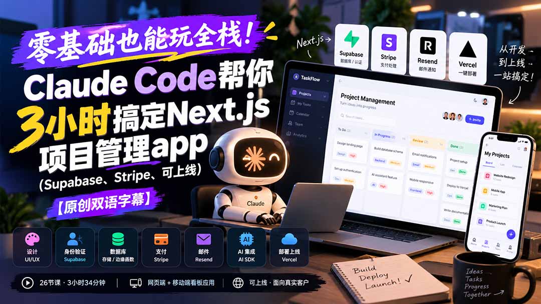 (20907期)零基础也能玩全栈!Claude Code帮你3小时搞定Next.js项目管理app(Supabase、Stripe、可上线)【原创双语字幕】-悟空知识星球
