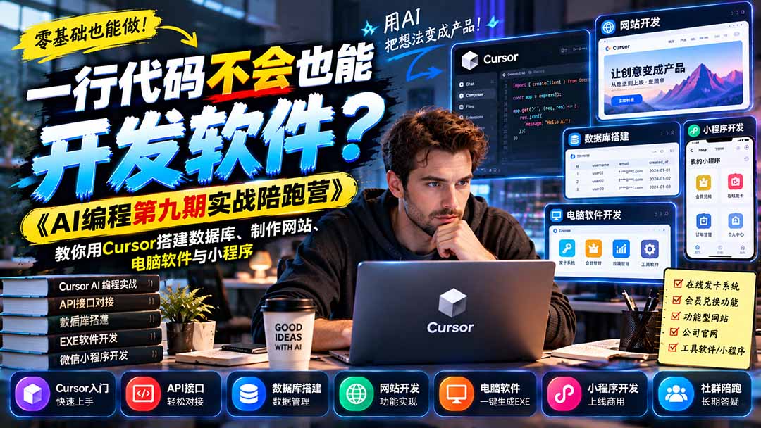 (21146期)一行代码不会也能开发软件?《AI编程第九期实战陪跑营》教你用Cursor搭建数据库、制作网站、电脑软件与小程序-悟空知识星球