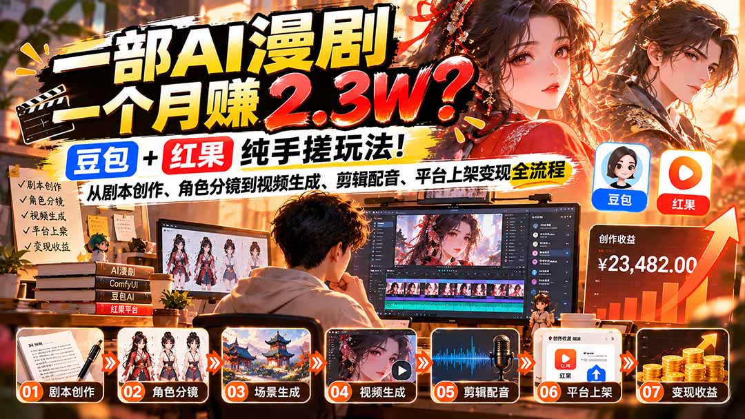 （21089期）一部AI漫剧一个月赚2.3W？豆包+红果纯手搓玩法！从剧本创作、角色分镜到视频生成、剪辑配音、平台上架变现全流程-悟空知识星球