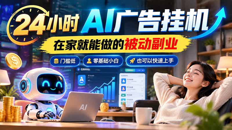 (21118期)24小时AI广告挂机|在家就能做的被动副业,门槛低,零基础小白也可以快速上手-悟空知识星球