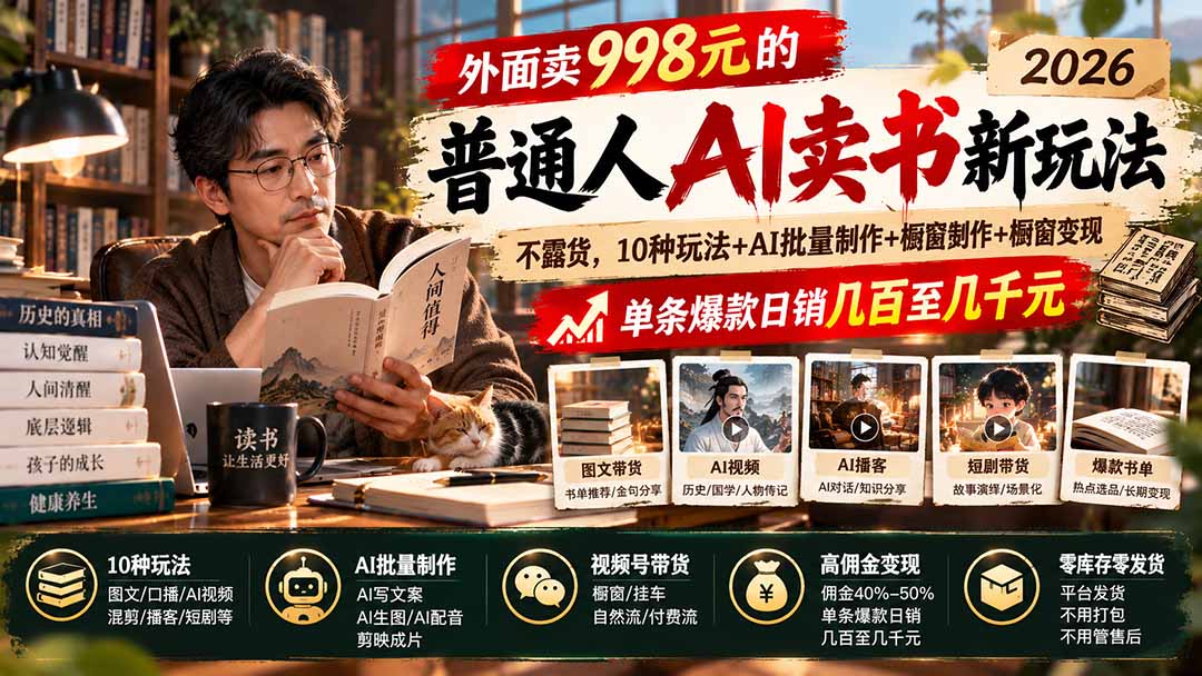 (20909期)外面卖998元的2026普通人AI卖书新玩法:不露脸、不囤货,10种玩法+AI批量制作+橱窗变现,单条爆款日销几百至几千元-悟空知识星球