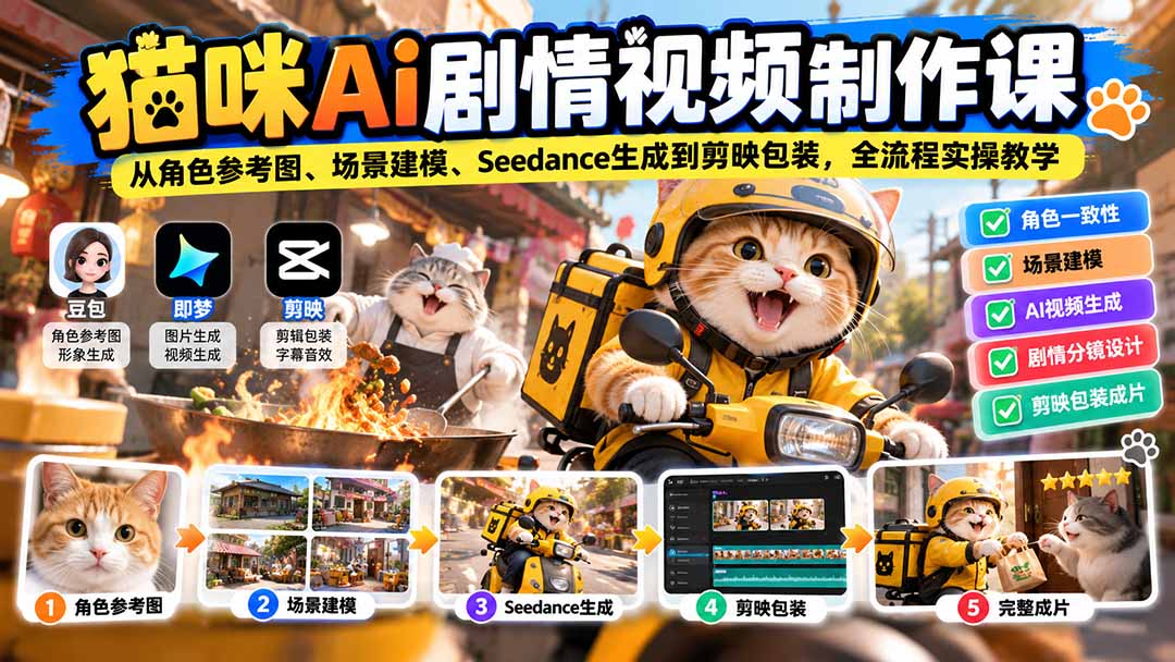 (20793期)猫咪AI剧情视频制作课:从角色参考图、场景建模、Seedance生成到剪映包装,全流程实操教学-悟空知识星球
