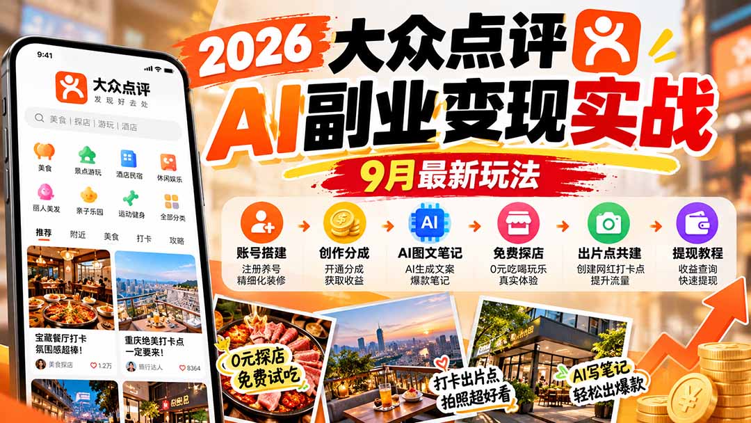 (20873期)2026大众点评AI副业变现实战9月最新玩法:账号搭建+创作分成+AI图文笔记+免费探店+出片点共建与提现教程-悟空知识星球