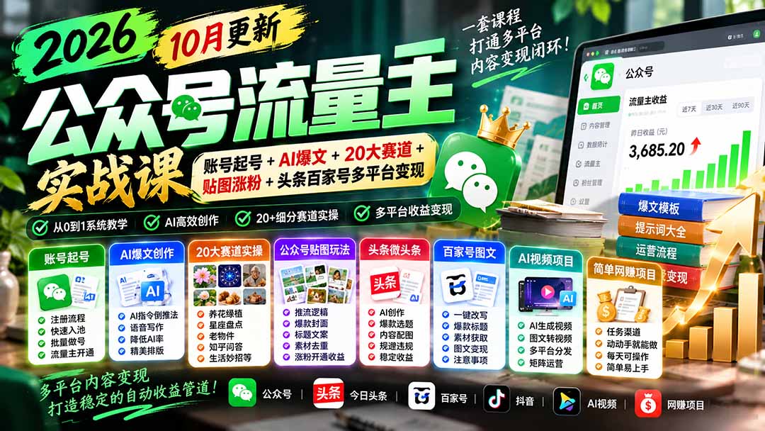 (20878期)2026公众号流量主实战课-10月更新:账号起号+AI爆文+20大赛道+贴图涨粉+头条百家号多平台变现-悟空知识星球