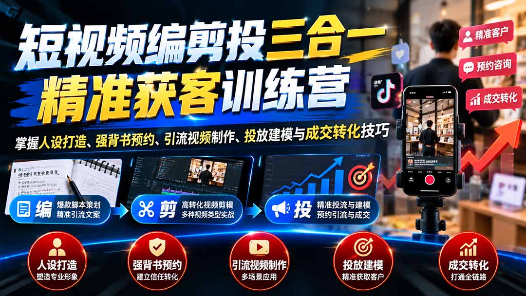 (20910期)短视频编剪投三合一精准获客训练营:掌握人设打造、强背书预约、引流视频制作、投放建模与成交转化技巧-悟空知识星球