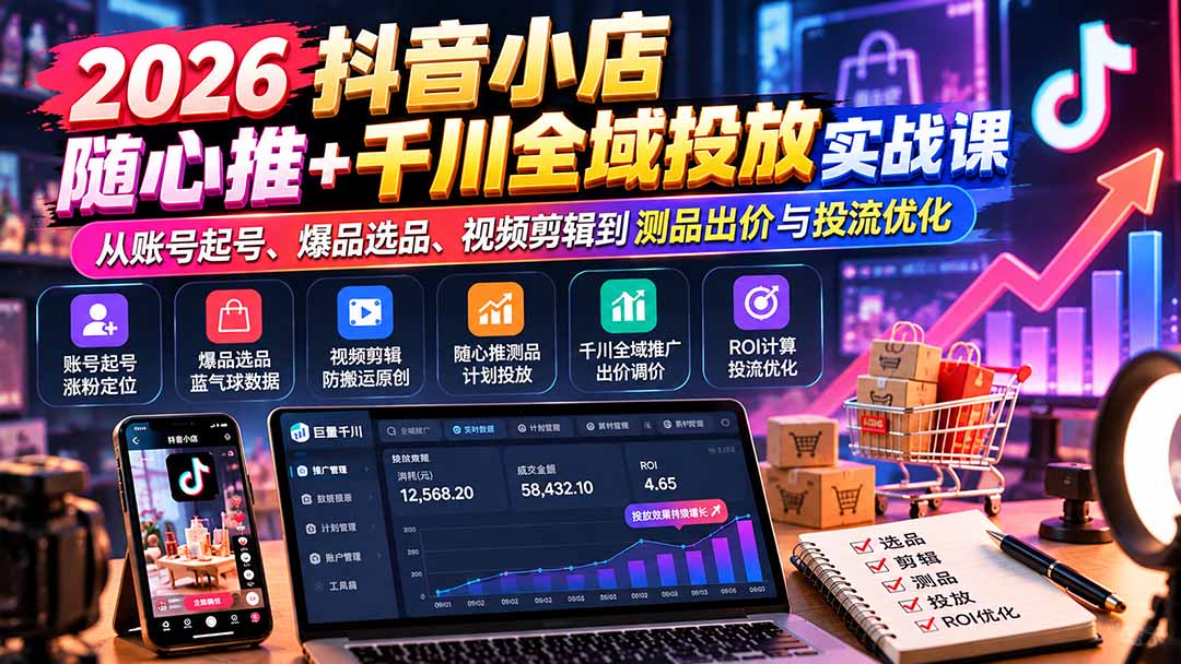 (20998期)2026抖音小店随心推+千川全域投放实战课:从账号起号、爆品选品、视频剪辑到测品出价与投流优化-悟空知识星球
