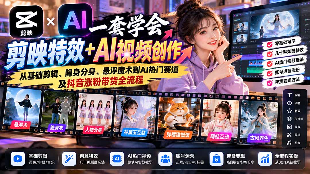 (20999期)一套学会剪映特效+AI视频创作:从基础剪辑、隐身分身、悬浮魔术到AI热门赛道及抖音涨粉带货全流程-悟空知识星球