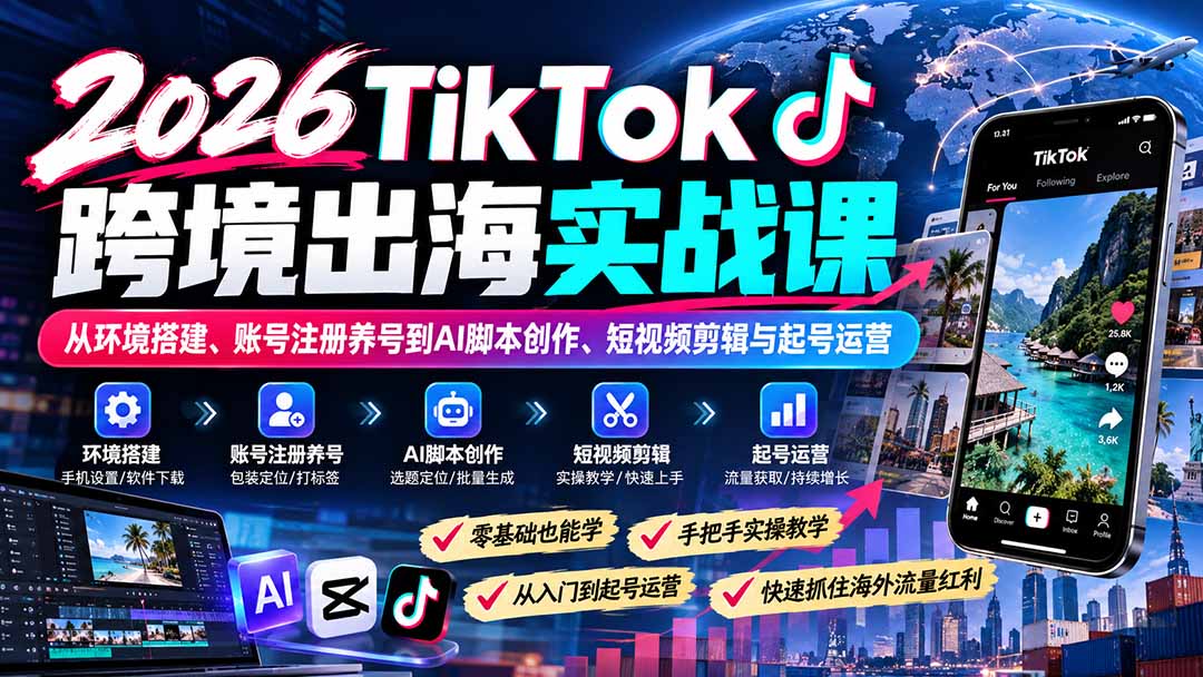 (21170期)2026TikTok跨境出海实战课:从环境搭建、账号注册养号到AI脚本创作、短视频剪辑与起号运营-悟空知识星球