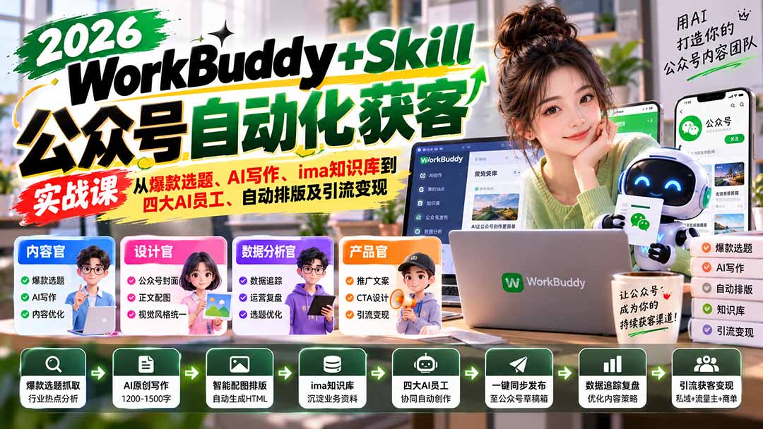 (21023期)WorkBuddy + Skill公众号自动化获客实战课:从爆款选题、AI写作、ima知识库到四大AI员工、自动排版及引流变现-悟空知识星球