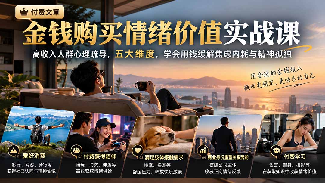 (20941期)付费文章:金钱购买情绪价值实战课|高收入人群心理疏导,五大维度,学会用钱缓解焦虑内耗与精神孤独-悟空知识星球